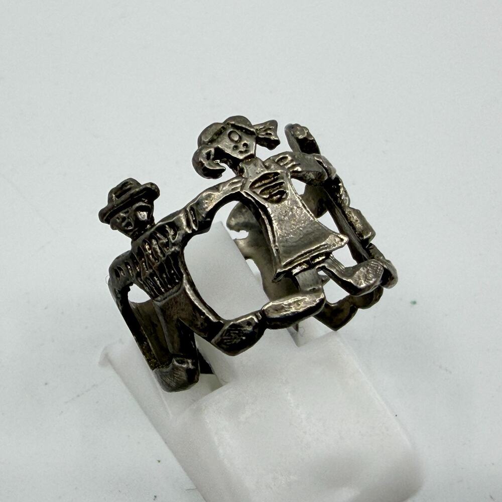 Silver Tone Figural Ring People Holding Hands Statement Unique Boho Chic Gift